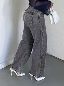 Alexandranx 女款寬鬆不對稱高腰直筒牛仔褲，適用於休閒場合 - 灰色 - 查看 3