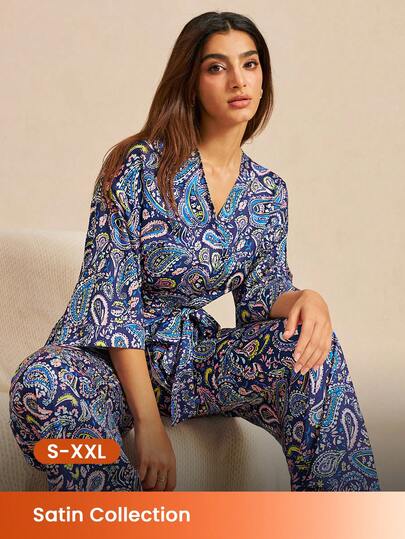 LUVLETTE Women's All-Year Paisley Pajamas - Loose-Fit Satin Kimono Set With Tie Waist Comfortable For Spring/Summer/Autumn/Winter