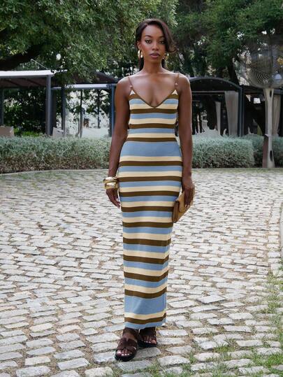 Yess Loren Women's Spring/Summer New Knitted Dress, Crochet Dress With Criss-Cross Halter Neck And Open Back, Striped Bohemian Maxi Dress, Vacation Dress, Elegant Dress For Women