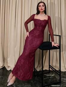 Bris Aura 女士新款秋冬派对/约会/宴会性感S型蕾丝长袖罩杯束腰领修身及地长裙，女士夏季连衣裙，茶会礼服 - 酒紅色 - 查看 4