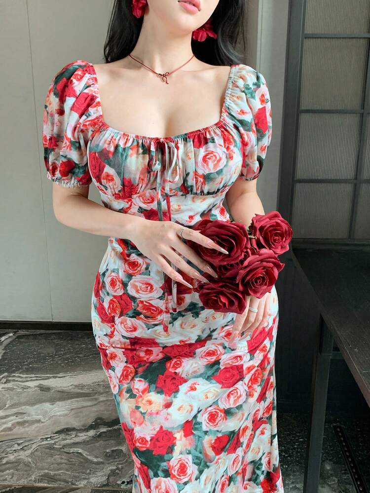 Women's Floral Pattern Sweetheart Neck Petal Sleeve Elegant Dress Sundress Summer Boho
