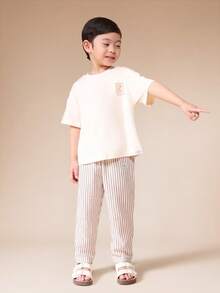 SUMWON Boys Palm Paradise Print Linen Feel T-Shirt And Striped Pants Summer Co-Ord Set With Short Sleeves And Elastic Waist - Multicolor - View 2