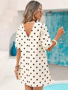 Vivid Eden Women's Polka Dot Print V-Neck Casual Short Sleeve Dress - White - View 2
