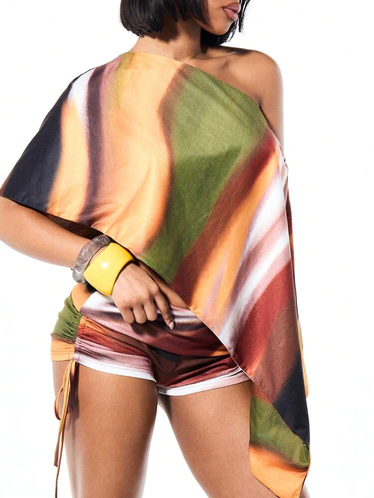 SUMWON WOMEN Abstract Print Off Shoulder Draped Top