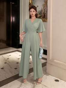 DAZY Jumpsuit Wanita Elegan Warna Polos Leher V Kaki Lebar, Jumpsuit Musim Panas untuk Wanita - Hijau - View 4