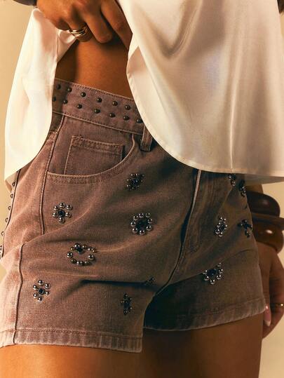 Athîral Women's Casual Denim Shorts With Beaded Decor Slant Pockets