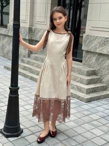 Firerie Kids 少女撞色蝴蝶结腰带连衣裙，米色优雅夏季派对装扮，休闲时尚百搭日常穿着，适合毕业典礼、庆典、度假等场合 - 彩色 - 查看 5