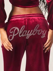 Missguided x Playboy Luxurious Burgundy Velvet Wide Leg Sweatpants With Drawstring Waist And Rhinestone Text Detail For Casual Comfort And Loungewear - Burgundy - View 2