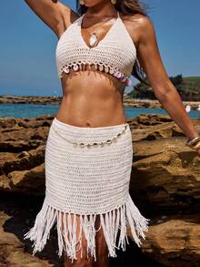 Opulessa 2pcs Handmade Crochet Top And Beaded Tassel Skirt Set - White - View 3