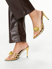 Glitzique 女士时尚新款细高跟性感派对和日常穿着别致优雅高跟凉鞋 - 金色 - 查看 14