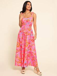 Coeurva 女士休闲优雅浪漫简约舒适印花连衣裙，红色女装，粉色女装 - 熱帶粉紅色 - 查看 7