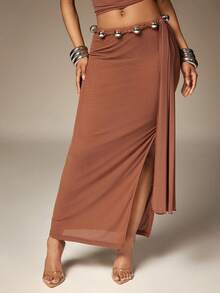 Denimoi 串珠高开衩网纱裙 性感半身裙 度假装 透视长裙 - 棕色 - 查看 2