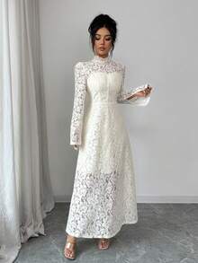 Elenzga Elegant Lace Long Sleeve Dress, Light Yellow, Suitable For All Seasons - Cream - View 5