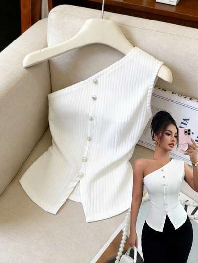 GlowEve Blusa sin mangas de cuello asimétrico de unicolor para mujer