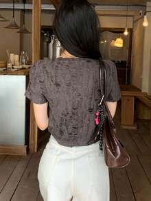 FRIFUL 女士半拉链交叉系带圆领扎染胸前字母印花夏季T恤 - 灰色 - 查看 5