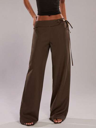 SHEIN BAE 棕色休闲串珠装饰阔腿裤/宽松长裤，适合度假、通勤、外出、夏季穿着