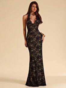 SHEIN BAE Đầm ren ôm sát màu đen gợi cảm cổ chữ V sâu, thanh lịch cho tiệc bãi biển, hẹn hò, đầm ren. - màu đen - Xem 7