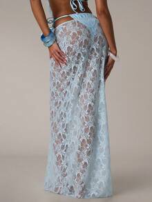 SHEIN BAE Women's Sexy Sheer Lace Low Waist Cover-Up Skirt, Suitable For Beach, Vacation - Baby Blue - View 2