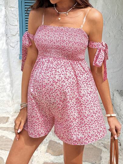 SHEIN Summer Outfit Vacation  Cute Pink Floral Print Off-The-Shoulder Jumpsuit With Built-In Sheer Bra Straps. Pregnant Women Open Shoulder Ditsy Floral Loose Casual Jumpsuit, Summer