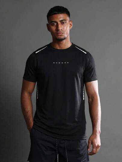 SUMWON Men's Black Short Sleeve Crew Neck T-Shirt With White Brand Logo Chest Print And Contrast Stripe Details Regular Fit Casual Everyday Tee