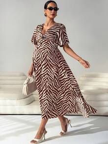 MaterniWear Maternity Zebra Print Side Slit Dress - Mocha Brown - View 6