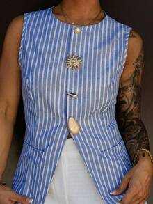 SAYEHFBABY 女士夏季休闲通勤条纹前扣吊带背心 - 藍白色 - 查看 3