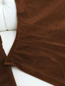 SHEIN LUNE 优雅休闲丝绒V领长袖T恤，香槟色，秋冬款 - 棕色 - 查看 8