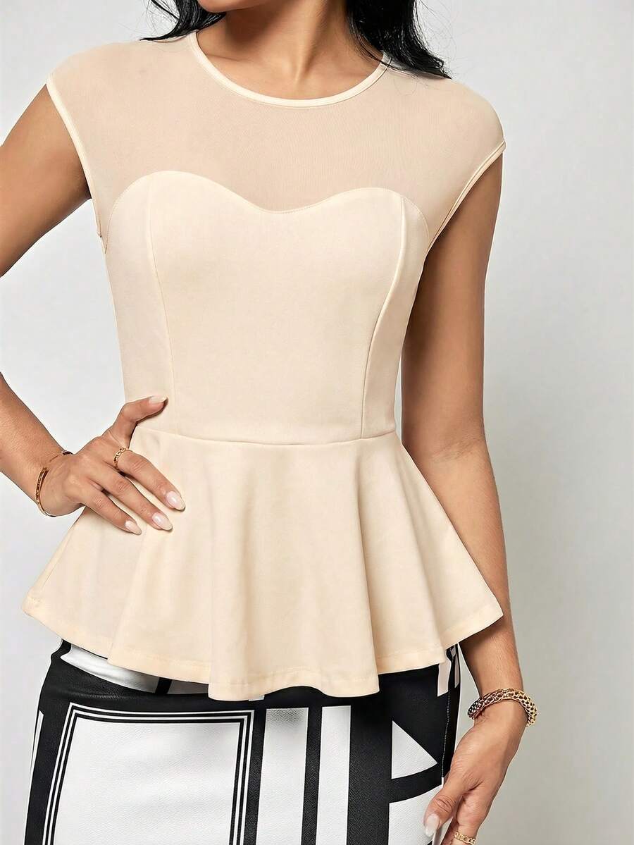 SHEIN Clasi Women's Casual Drawstring Round Neck Ruffle Hem T-Shirt, Suitable For Commuting In Summer,Summer Top - Apricot - View 1