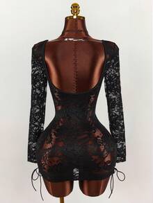 Amplova 女士时尚性感透视蕾丝露背迷你连衣裙 - 黑色 - 查看 3