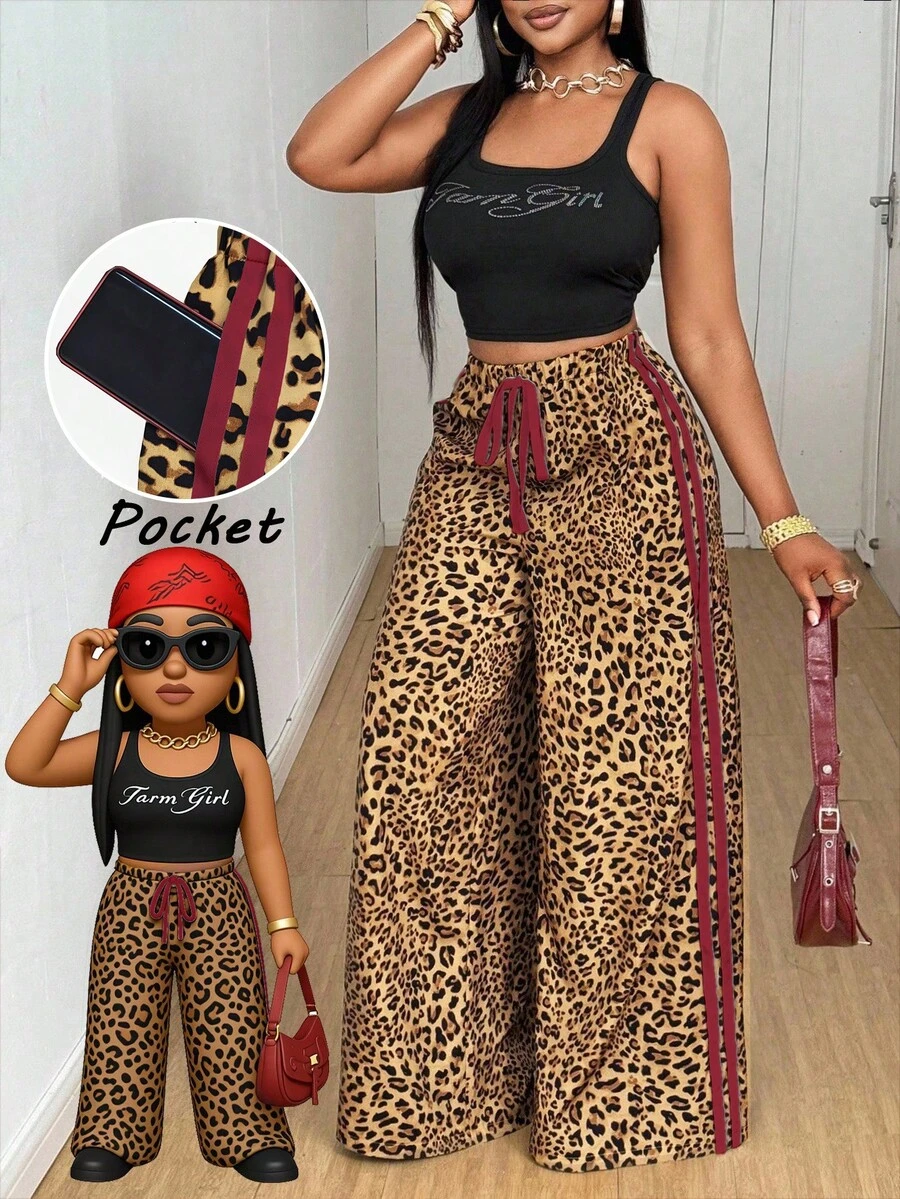 SHEIN Raffinéa 女士休闲弹力腰带豹纹宽松阔腿裤 / 带口袋 / 撞色缎带蝴蝶结 / 适合春、夏、秋、冬 / 百搭性感居家装 / 返校季 / 街头风 / 长裤 - 彩色 - 查看 1