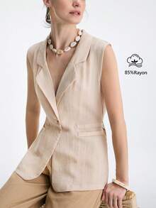 Aalyst Women's Spring/Summer Casual Sleeveless Linen-Look Lapel Collar Cinched Waist Vest Jacket, Suitable For Outings, Dates, New Year, Valentine's Day, Easter, Mother's Day, Middle Eastern Weddings, Elegant And Fashionable, Romantic Vacation - Khaki - View 1
