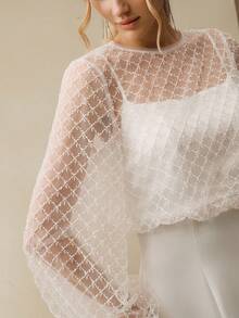 Anewsta 2026新款奢华鸡尾酒会、婚礼季、舞会礼服，优雅闪亮的白色珍珠点缀缎面美人鱼款正式礼服，泡泡袖设计，凸显身材，拉长身形。 - 白色 - 查看 1