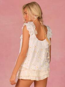 Athîral Women's Casual Vacation Mesh Daisy White Ruffle Trim Blouse - White - View 2
