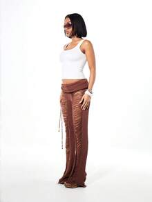 SUMWON WOMEN 波西米亚风流苏针织高腰喇叭裤，带梯形镂空细节，弹力针织长裤，适合节日狂欢派对的阔腿裤 - 棕色 - 查看 4