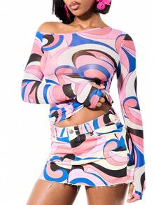 SUMWON WOMEN Women's Off The Shoulder Long Sleeve Mesh Top With Abstract Swirl Print In Pink Blue White Colorblock Pattern Casual Fitted Blouse - Multicolor - View 1