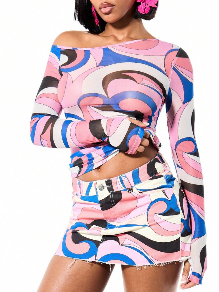 SUMWON WOMEN Off Shoulder Mesh Top With Swirl Print