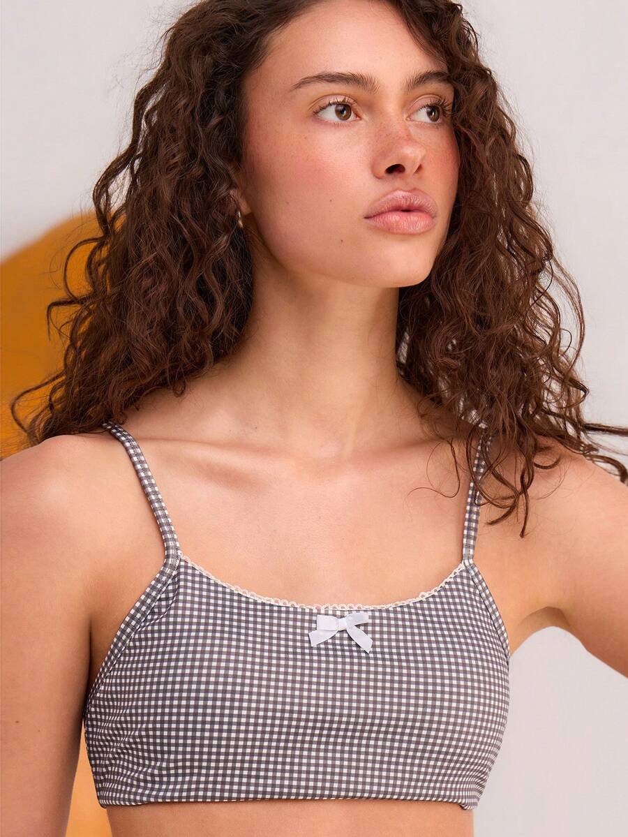 Athîral Summer Casual Plaid Bow Decor Super Short Sports Camisole - Coffee Brown - View 1