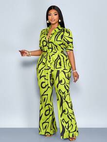 SOLERSUN Ensemble casual grande taille avec Top à manches courtes et pantalon imprimés tout-sur-tout avec ceinture - Vert - Voir 6