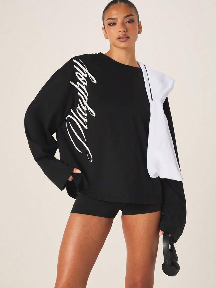 Missguided x Playboy Women's Oversized Long Sleeve Graphic T-Shirt With Vertical Script Text Print Black Casual Top