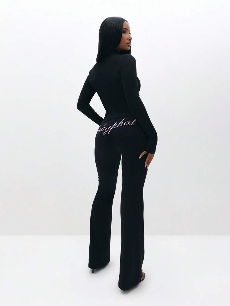 BABYPHAT Plus Size Women Black Zip Through Hoodie Long Sleeve V Neck Script Print Casual Sweatshirt Top Winter Fall Comfortable Relaxed Fit - Black - View 7