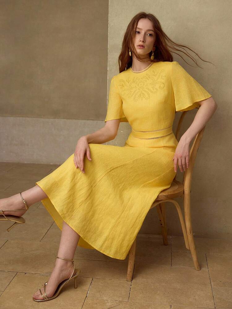 WOMEN'S SHORT SLEEVE ROUND NECK EMBROIDERED 100% LINEN MIDI DRESS, CASUAL & DATE WEAR, SPRING/SUMMER