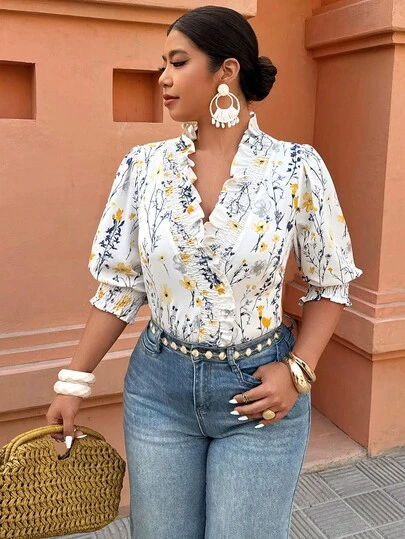 Breezaya Camisa casual de vacaciones con estampado botánico y volantes para mujer de talla grande, para primavera/verano
