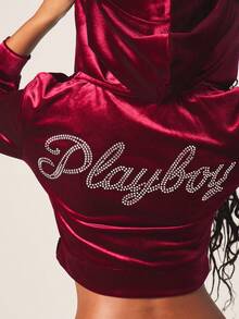 Missguided x Playboy 女士水钻短款拉链连帽衫，饰有兔子标志，酒红色丝绒长袖，秋冬休闲街头风。 - 酒紅色 - 查看 5