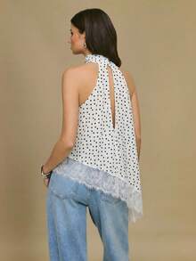 Poéselle Elegant Polka Dot Print Lace Trim Asymmetric Hem Halter Neck Top, Summer - White - View 2