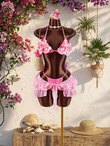 Amplova 三件套女士泳衣套装，包含3D立体花朵罩杯和蝴蝶兰花罩杯，搭配纯色衬里和荷叶边下摆罩衫，前系带设计。 - 粉色 - 查看 4