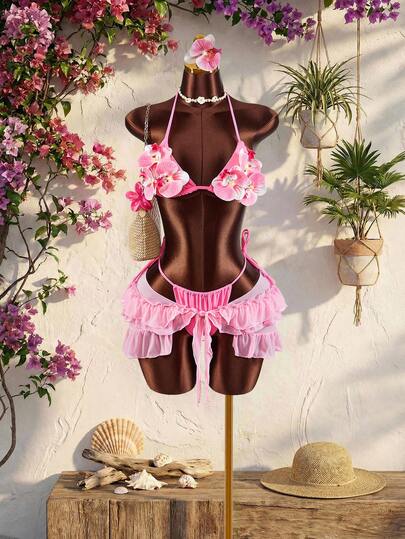 Amplova Bộ đồ bơi 3 món dành cho nữ với áo ngực họa tiết hoa 3D, áo ngực họa tiết hoa lan bướm kết hợp với lớp lót màu trơn và áo khoác ngoài có bèo nhún buộc dây phía trước.
