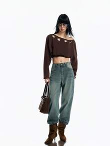 Airlisse Women's Backless Tie Strap Cropped Oblique Shoulder Long Sleeve Sweatshirt, Spring/Summer - Coffee Brown - View 5