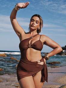 SHEIN BAE Plus Size Hollow Out One-Piece Swimsuit For Beach & Vacation Plus Size Bathing Suits Women - Brown - View 4