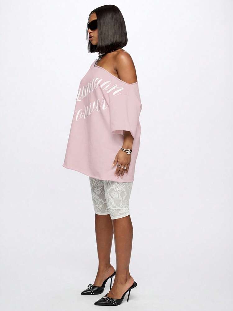 SUMWON Women Off Shoulder Sweater Mini Dress With Summer Forever Script Print Casual Date Night Outfit