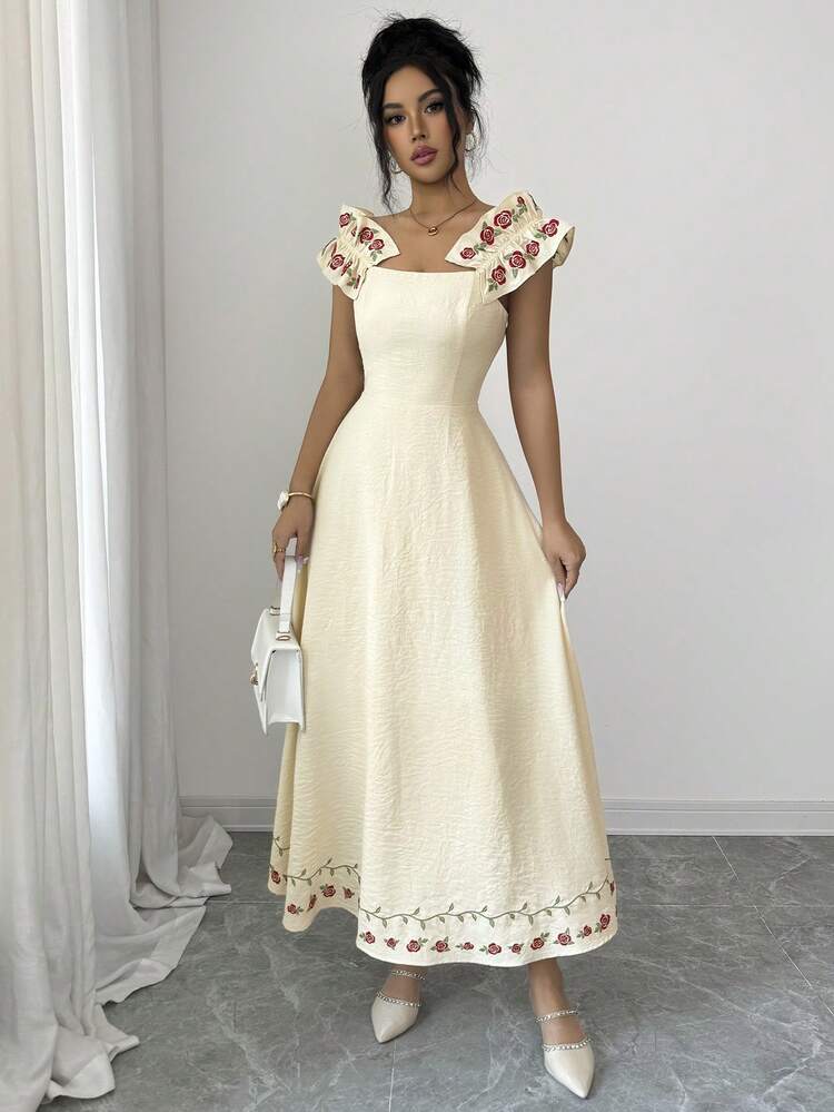 Feyla Vestido de vacaciones con bordado floral romántico para mujer - Albaricoque - Añade 3